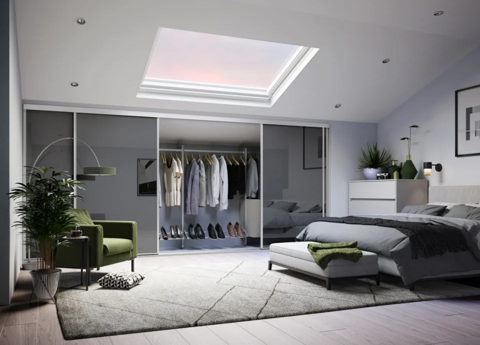 Made to measure sliding wardrobe doors in a modern fitted bedroom